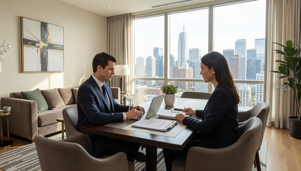 Professionals reviewing corporate housing documents in apartment