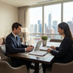 Professionals reviewing corporate housing documents in apartment