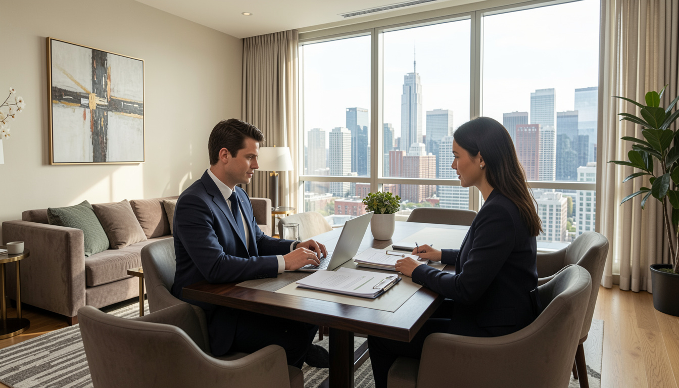 Professionals reviewing corporate housing documents in apartment