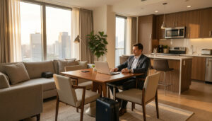 Business traveler working in a modern furnished apartment suite