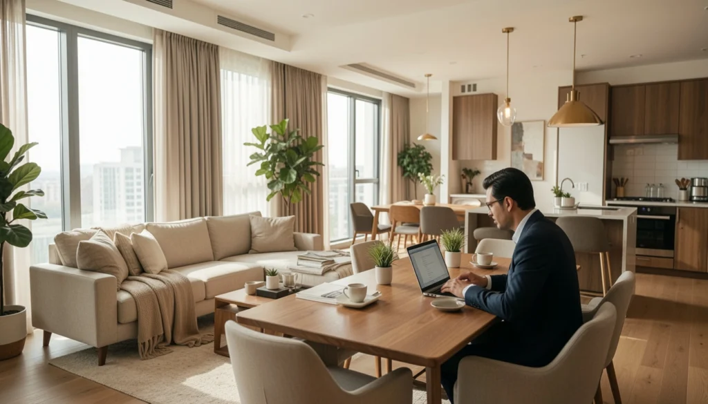 Business traveler working in a modern furnished apartment suite