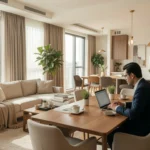 Business traveler working in a modern furnished apartment suite
