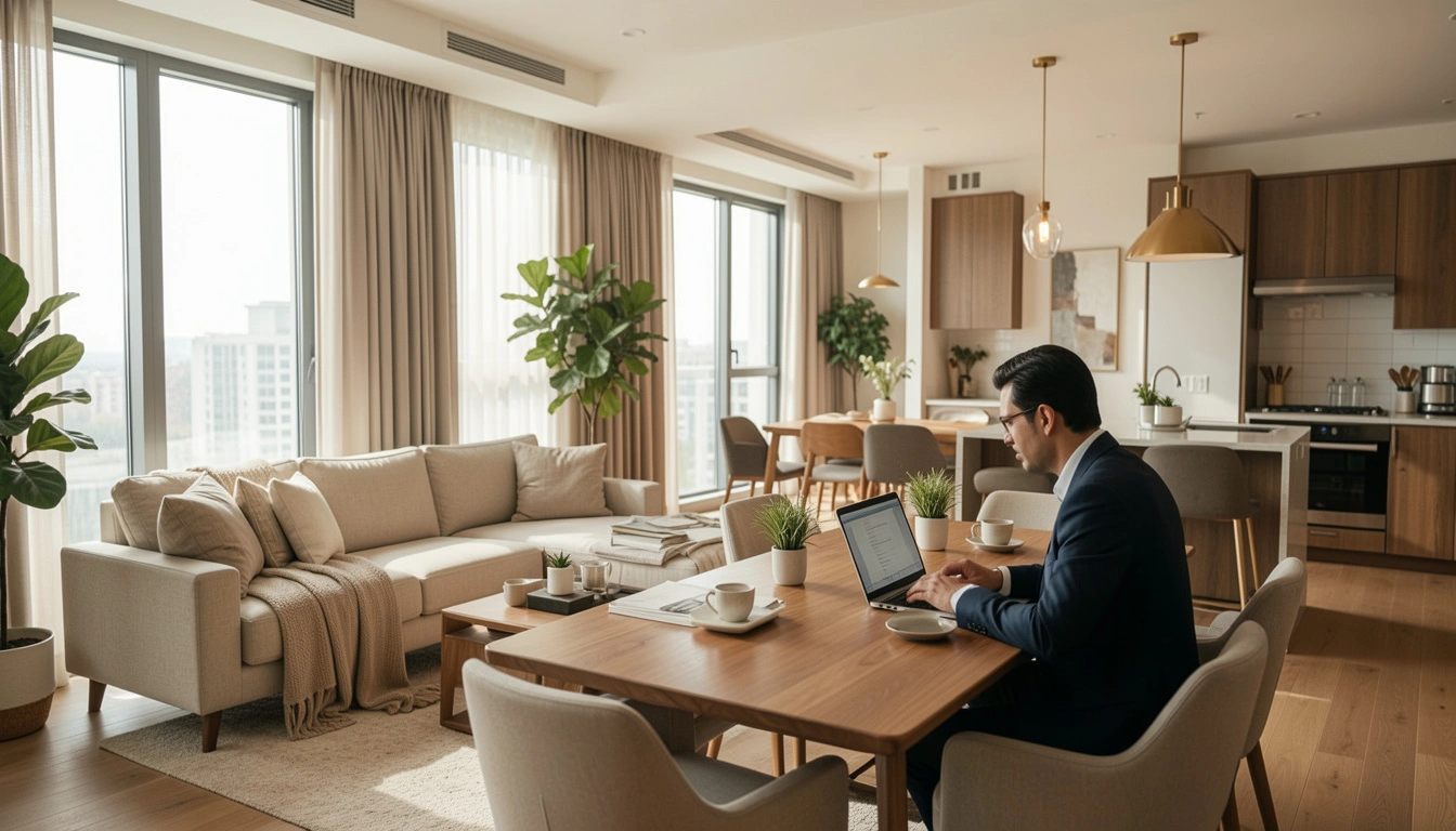 Business traveler working in a modern furnished apartment suite