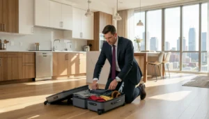 Business traveler unpacking in temporary housing apartment in Houston TX