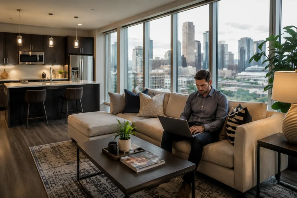 Business traveler in corporate rentals in Houston TX apartment
