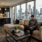 Business traveler in corporate rentals in Houston TX apartment