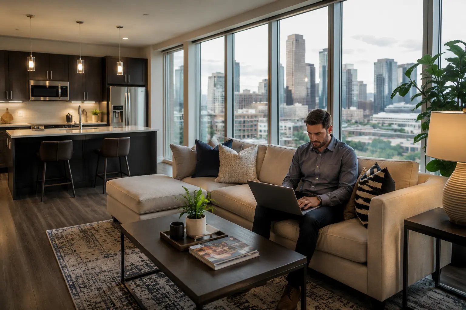 Business traveler in corporate rentals in Houston TX apartment
