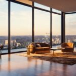 Furnished apartment in Dallas Texas with floor-to-ceiling windows and skyline view