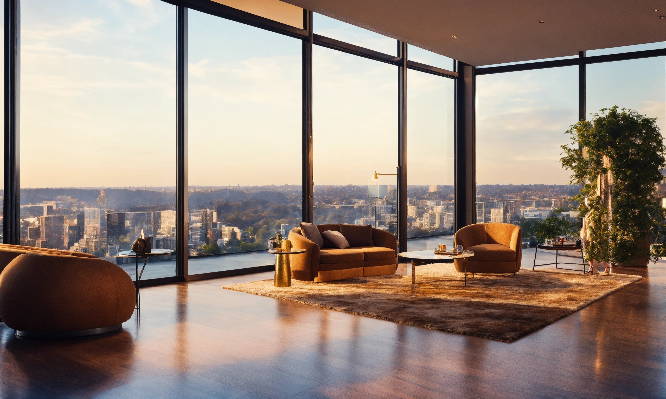 Furnished apartment in Dallas Texas with floor-to-ceiling windows and skyline view