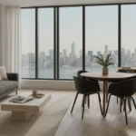 Modern corporate housing apartment with New York City skyline view