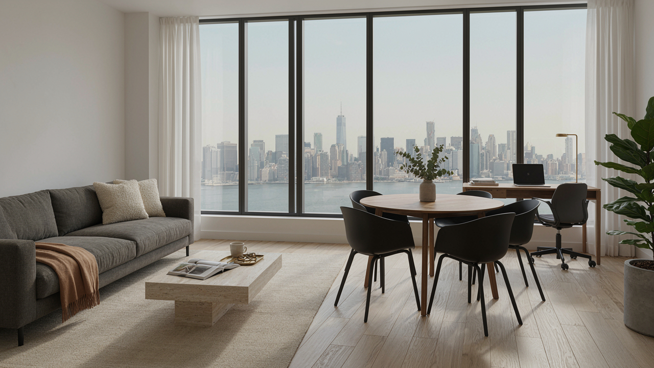 Modern corporate housing apartment with New York City skyline view