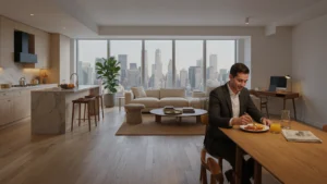 Business traveler dining in a furnished New York City apartment