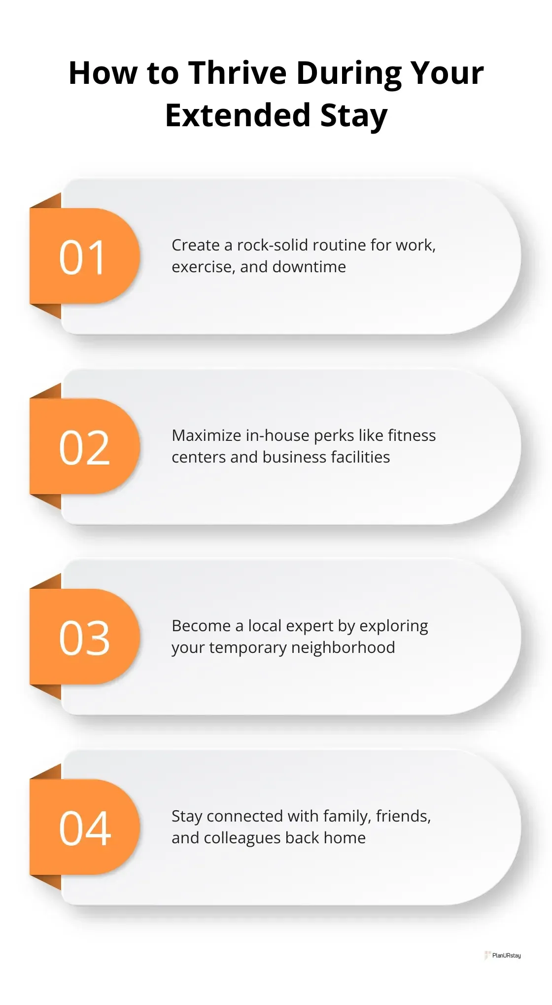 Infographic showing four key strategies for thriving during an extended stay: creating a routine, maximizing in-house perks, becoming a local expert, and staying connected.