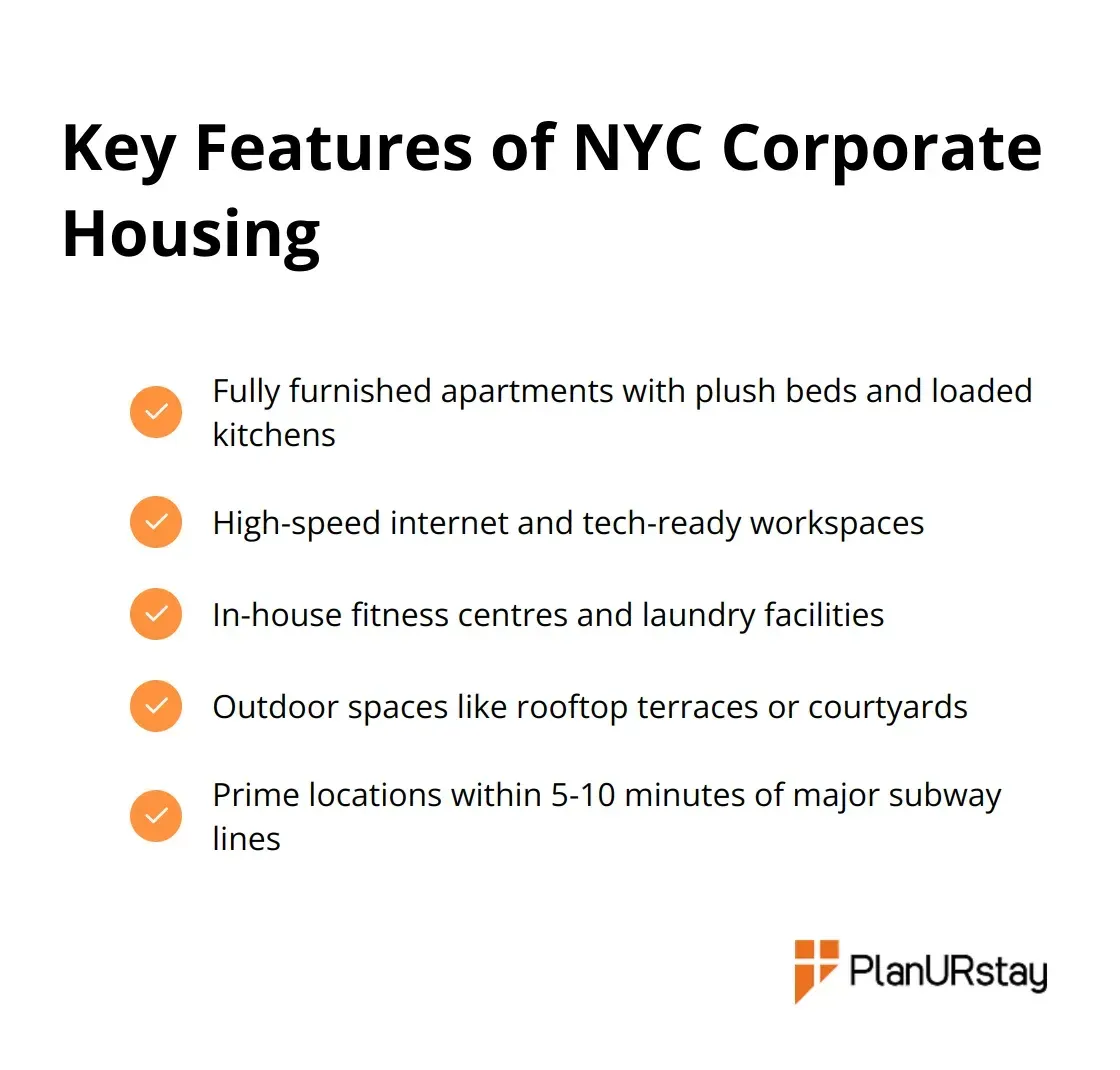 Checklist of key features that make NYC corporate housing stand out, including fully furnished apartments, high-speed internet, fitness centres, and more