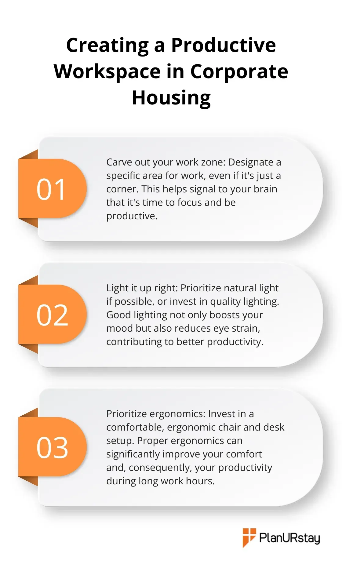 A chart showing three key steps to create a productive workspace in corporate housing: carving out a work zone, ensuring proper lighting, and prioritizing ergonomics.