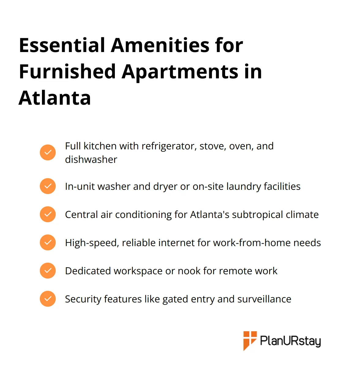 Checkmark list chart showing six essential amenities for furnished apartments in Atlanta: full kitchen, in-unit laundry, central air conditioning, high-speed internet, workspace, and security features.