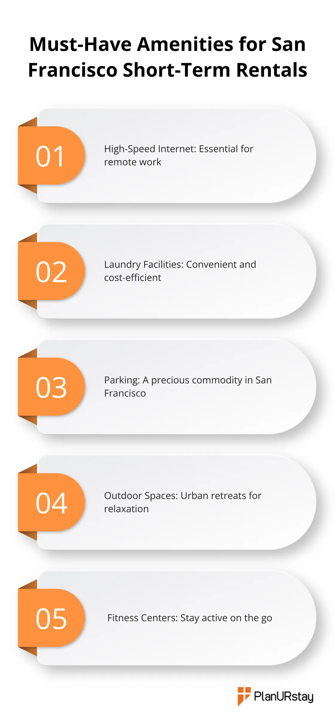 Chart listing top 5 must-have amenities for short-term rentals in San Francisco - furnished short term rentals san francisco